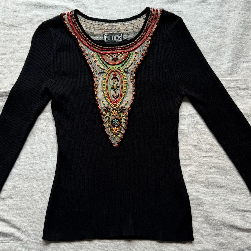 Vintage Berek Beaded Embellished Black Rib Knit Boho Statement Sweater
